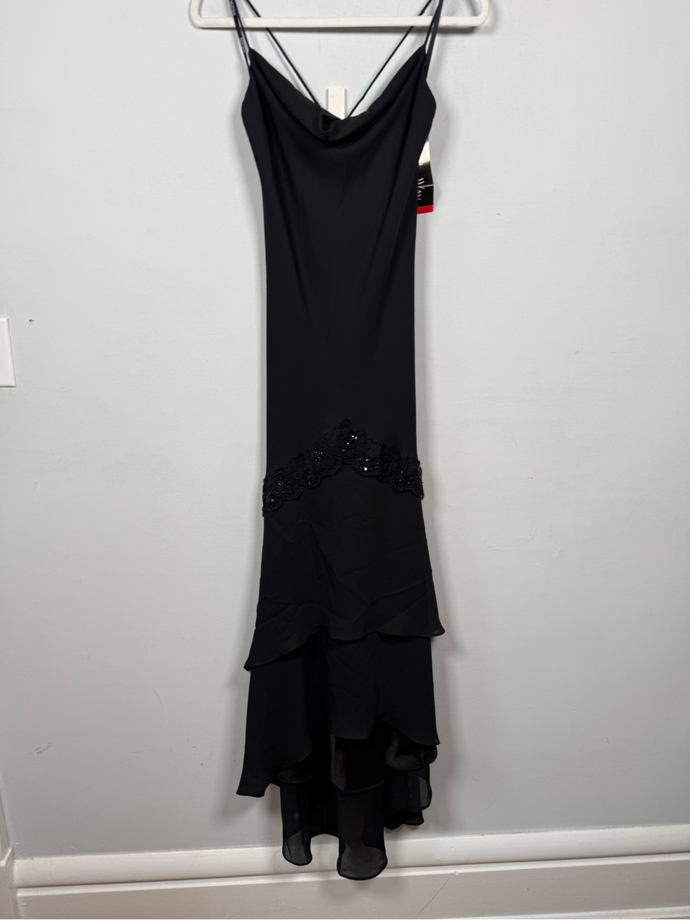 NWT Vintage Nightway Black Cowl Neck Ruffle Maxi Gown Beaded Drop Waist Size 10